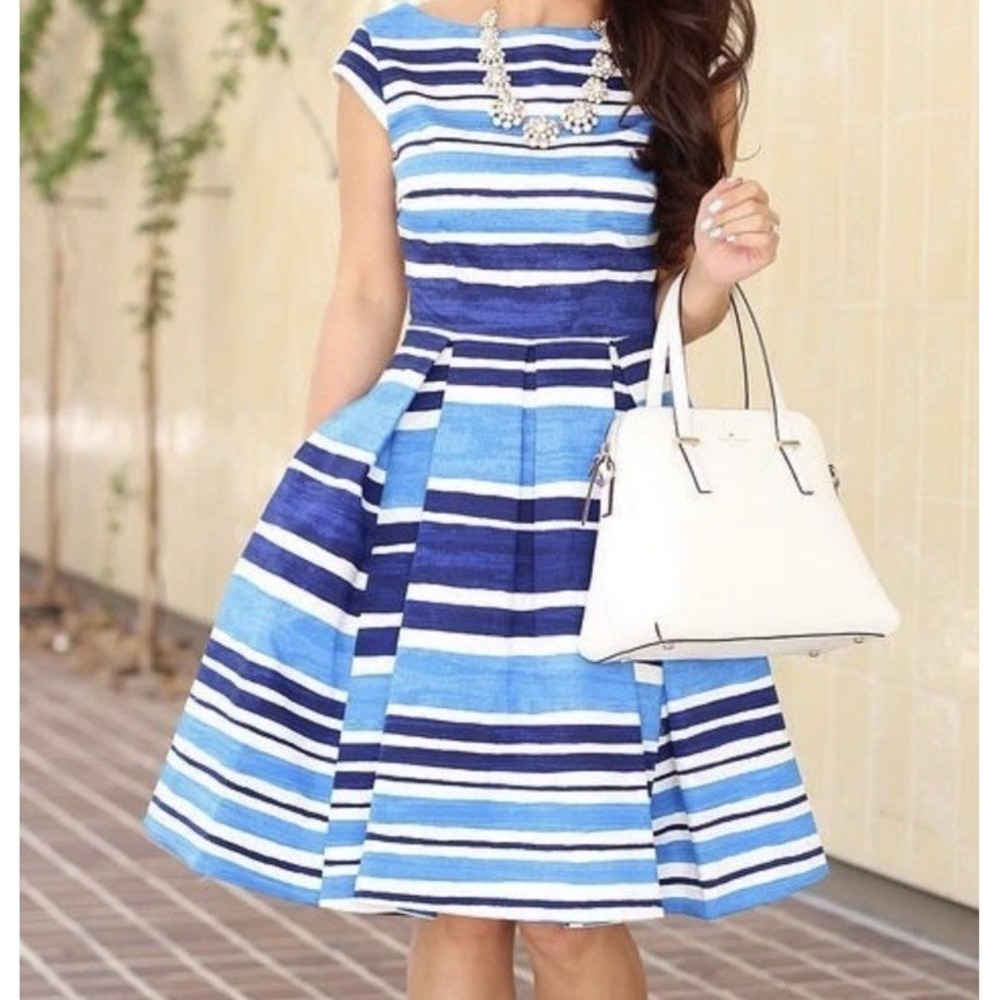 Kate Spade Mariella Striped Navy Blue Fit Flare Cotton Dress Pockets Size 4 $398